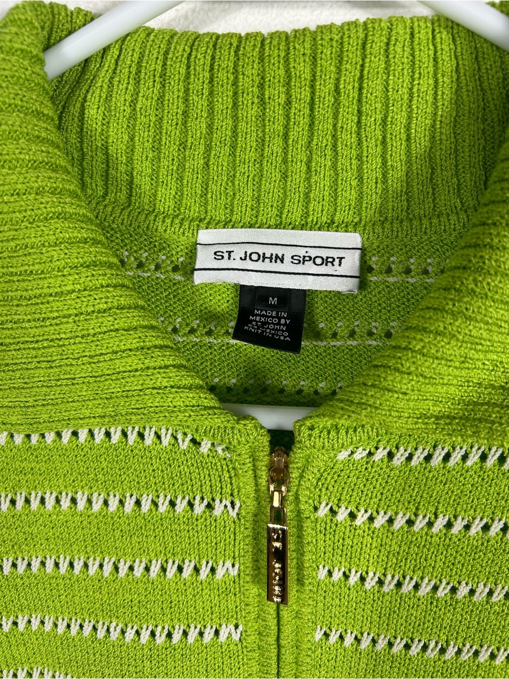 St. John Sport Lime Green White Striped Pointelle Knit Zip Cardigan Sweater - Picture 5 of 6